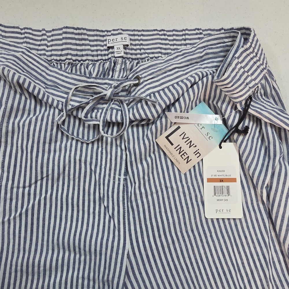 Per se Livin in Linen Blue White Striped Cropped Pants Plus Size 3X NWT